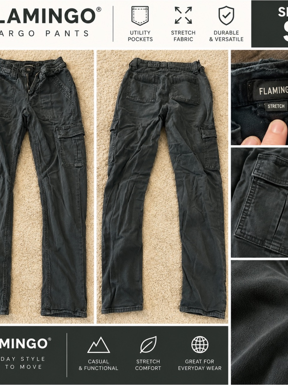 Flamingo Stretch Cargo Jeans for Women — Washed Black